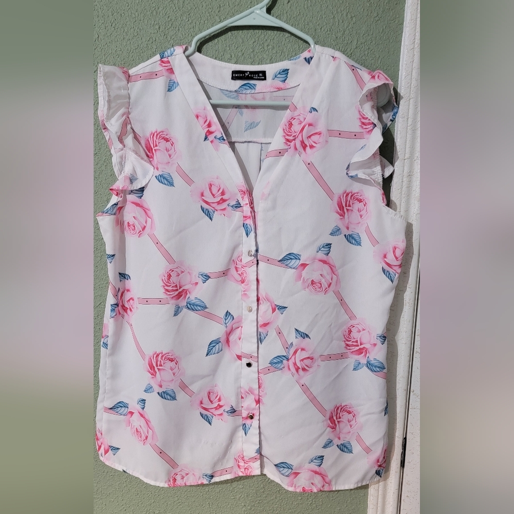 EMERY ROSE Pink and White Buttoned Blouse with Ruffled Sleeves & Mandarin Collar